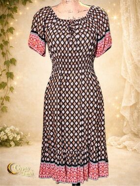 Chic Black & Orange Patterned Midi Dress M
